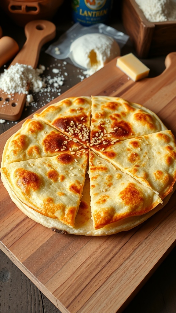 A golden-brown Guatemalan quesadilla with sesame seeds, sliced to show the cheesy interior, on a rustic cutting board.